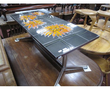 Adri (Belgium), in the manner of chrome based coffee table, of rectangular form, featuring 7 x 3 ceramic tiles decorated with