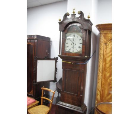 A XIX Century Mahogany Oak Eight Day White Dial Longcase Clock, WM. Grayson Emley, hood with a swan neck pediment, arched doo