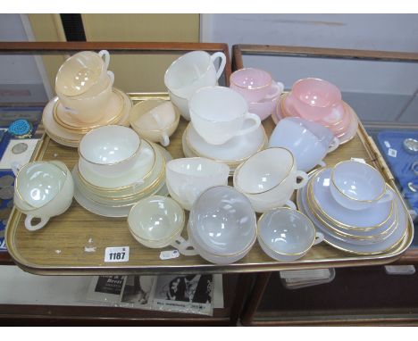 Arcopal French Lustrous Glass Coffee Cups, tea cups and saucers, etc:- Two Trays.