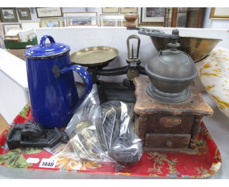 Kaffee Coffee Grinder, scales and weights, enamelled hot water jug, door knocker:- One Tray.