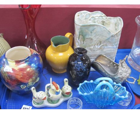 Orrefors Glass Vase, fluted ruby glass vase, Denby classic jug in 'Mustard', other decorative items:- One Tray.