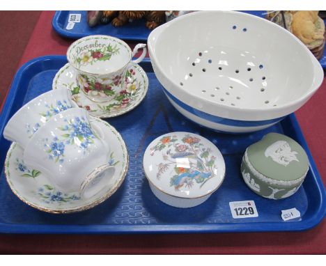 A T G Green Cornishware Colander, green backstamp, Wedgwood Jasperware trinket box, Royal Albert 'December' and 'July' cups a
