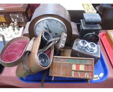 Raydyot Motoring Lamp, Ricohloplex Camera, rouge trinket box as a sideboard, Kershaw binoculars clock.