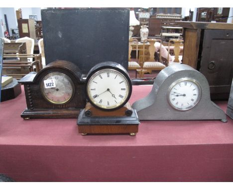 T.W.Ward Hand Hammered Pewter Mantel Clock, 1920's oak mantel clock and one other clock.