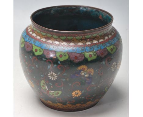 A late 19th / early 20th Century Chinese oriental cloisonné vase / pot of squat form having a flared ring, with coloured enam