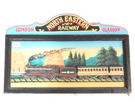 A vintage retro reproduction painted wood North Eastern Railway London to Glasgow wall mounting train sign, having a pictoria