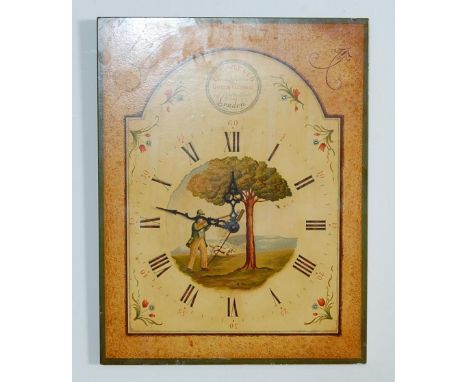 A good vintage 20th Century Italian wood art antique style wall clock of rectangular form having a stylized painted face depi