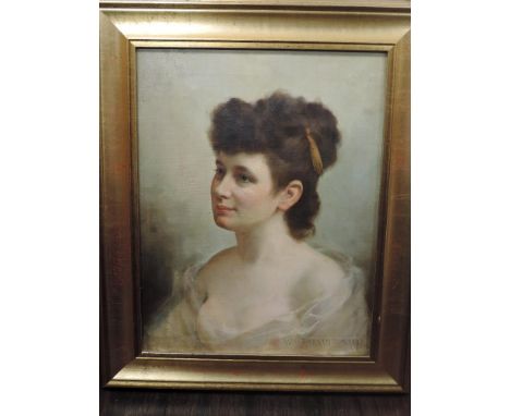 W H Parkinson, (1864-1916), portrait of a scantily clad Victorian lady, signed and dated 1893, 44 x 34cm, modern gilt effect 