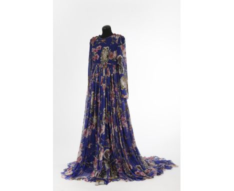 AbendkleidDolce &amp; Gabbana, Mailand Winterkollektion 2014 Seidenchiffon, lila, animal-floraler Print, lange Ärmel, weiter,