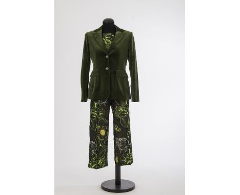 Dreiteiliges Ensemble, Hose, Top &amp; BlazerJil Sander, Hamburg Top und  3/4-Hose: Seidengemisch, floral-grün gemustert, Bla