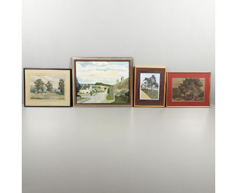 Oil on canvas board 44 x 54cm.; with a print and a watercolour by the same hand, signed, 1943-1993; and another print. (4) Pr