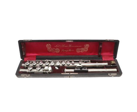 An early 20thc three section nickel plated flute with bakelite mouthpiece, marked on the mouthpiece section 'Jul Hein R Zimme