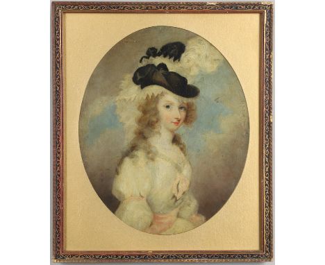 Seated half length, wearing a black plumed hat and a white dress with pink sash and pink-ribboned sleeves, oil on panel, moun