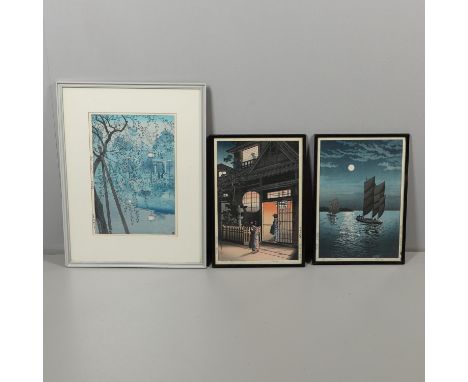 A pair of woodblock prints titled 'Shinagawa Port' and 'Araki Street at Tokyo', with information to the reverse and picture f