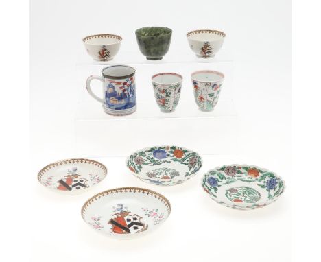 A mixed lot including two 18thc Chinese armorial tea bowls and saucers (saucers 13.5cms and 12cms diameter), two Kangxi perio