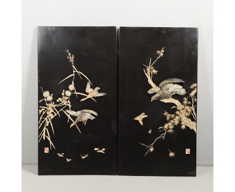 Meiji period, a pair of Japanese lacquered panels inlaid in bone, mother of pearl and abalone shell, with depictions of birds