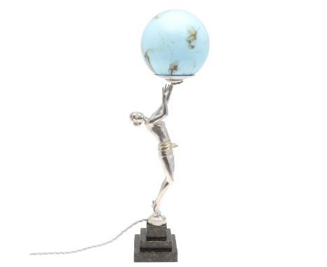 A circa 1920's/30's lamp in the form of a silvered ladym mounted a stepped marble base and with a blue glass globular shade. 