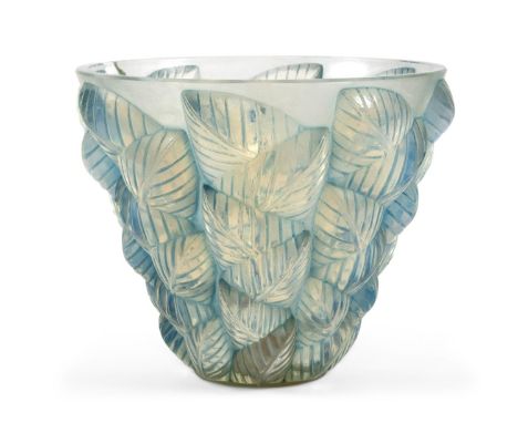 A circa 1920's Lalique opalescent glass vase in the Moissac design, with a etched signature to the base 'R Lalique, France', 