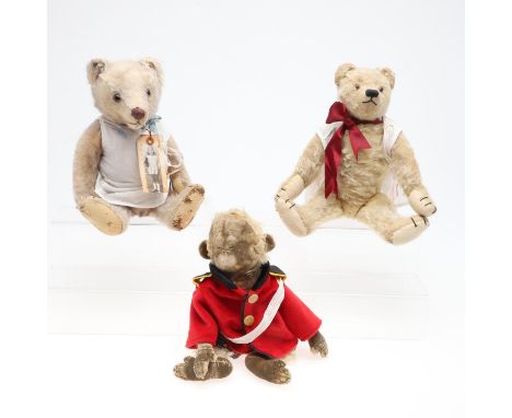 A mixed lot including an early 20thc Farnell Teddy Bear (36cms high, various restoration), a circa 1950's Steiff Teddy Bear w