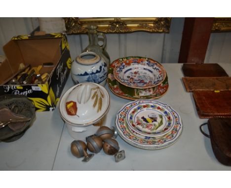 A quantity of various porcelain to include ironstone meat plate, a similar shallow dish, a Chinese blue and white ginger jar,