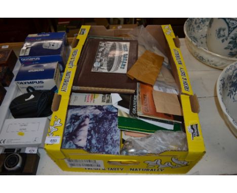 A box of various ephemera; boxed vintage nylons; photo album; jig saw puzzle etc.
