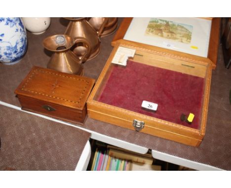 A small table top display cabinet and an inlaid wooden trinket box 