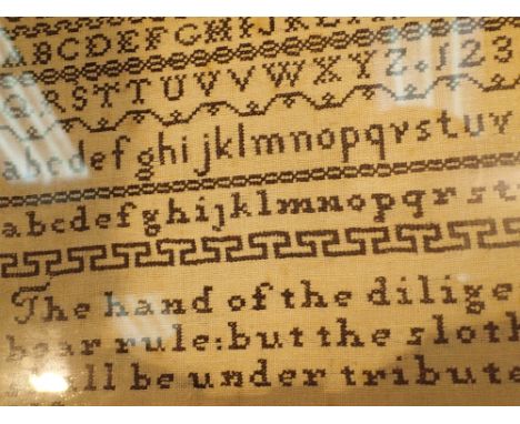 Small Victorian sampler, framed and glazed   CONDITION REPORT:  The sampler is in good condition apart from a small stain to 