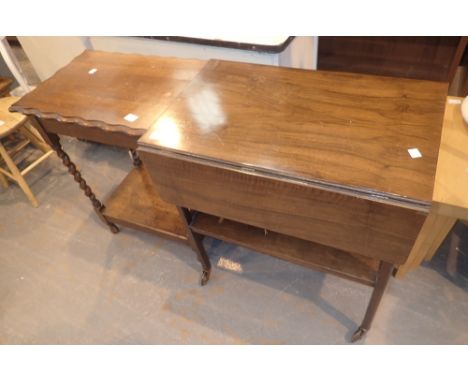 Vintage oak side table with barleytwist legs and an oak tea trolley with under shelf