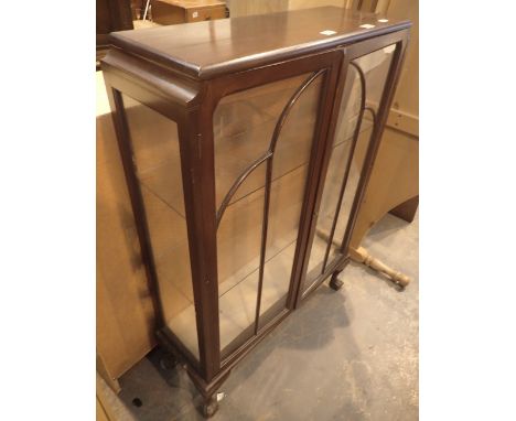 Two shelf mahogany double glazed door display cabinet, L: 90 cm 