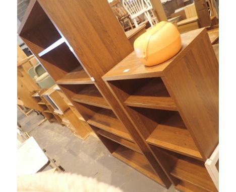 Two matching oak effect book cases, largest H: 178 cm, one three shelf and one five shelf 