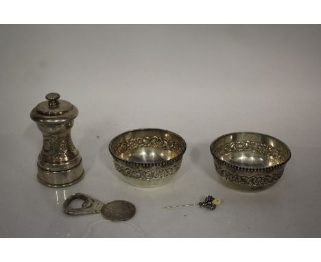 Pair of Silver bowls with gadrooned rim and a floral decorated body stamped SILVER, weight 6.9oz together with silver plated 