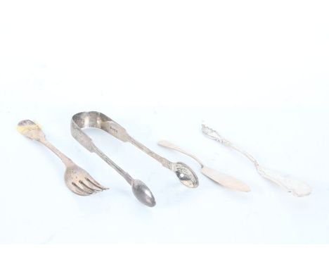 Silver, various dates and makers, to include pair of sugar tongs, two butter knives dessert fork, 3.4oz (4)