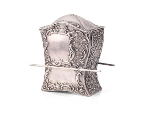 Victorian silver novelty tea caddy in the form of a sedan chair, London 1903, probably Samual Jacob, 9.5cm tall, 133.1g.  In 