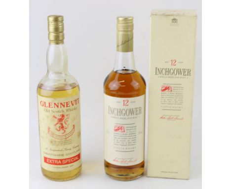A bottle of Inchgower single Highland malt Scotch whisky by Bell's with a bottle of Glennevit blended extra special old scotc