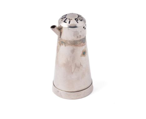 Unusual silver salt and pepper pot, Birmingham 1914, Deakin and Francis, 6.5cm tall.  Losses to enamel, please view photos.