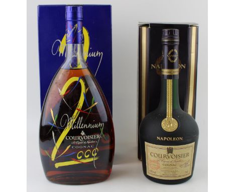 Two bottles of Courvoisier Napoleon Cognac Brandy, one issued to celebrate 2000 Millenium (2).  both bottles are excellent an