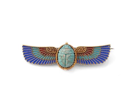 15ct gold Egyptian Revival brooch, scarab beetle, enamel decoration, steel pin, 12.5g, 64mm wide.