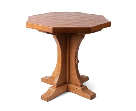 Robert 'Mouseman' Thompson oak octagonal top side table / coffee table, 50cm diameter, dimpled surface, mouse to pedestal, 48
