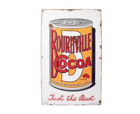 Advertising enamel sign 'BOURNVILLE COCOA TEST THE BEST CADBURY BOURNVILLE ENG'. 21'' x 13''.