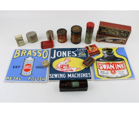 A collection of advertising items to include vintage style tiles (3), 'Linocraft' pen cutting tools, Art Deco 'Empire State' 