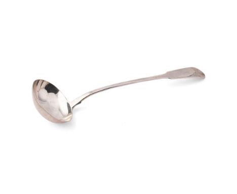 A Scottish silver George IV ladle, fiddle pattern with shell escutcheon, John Heron, Glasgow 1824, 238.4g/7.66toz, 35cm long.