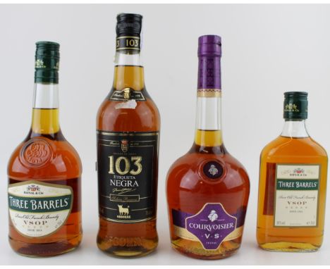 A bottle of Courvoisiier V.S Cognac 70cl together with two bottles of Raynal &amp; Cie Three Barrels Brandy 70cl and 35cl and