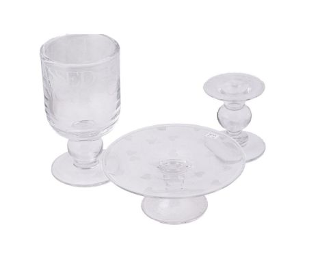 Emma Bridgewater glassware to include a large Hurricane lamp, a candlestick and a small cakestand (3), tallest 21.5cm tall.  