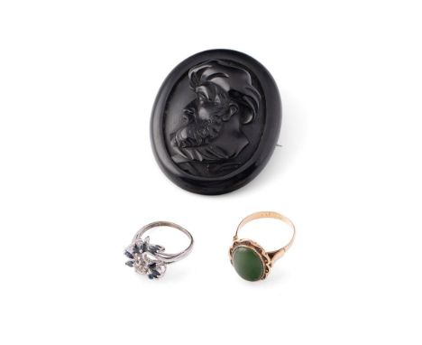 A gold and jade set ring, marks rubbed but likely 9ct, size N/O, 3.5g, a jet cameo pendant of a gentleman and a silver and sa