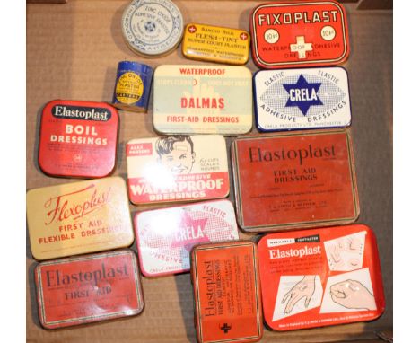 A collection of advertising tins relating to first aid to include plaster tins, band - aids and other similar examples by 'Eu