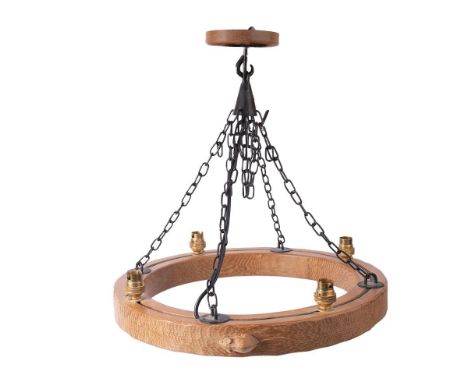 Robert 'Mouseman' Thompson circular oak chandelier / ceiling mounted light fitting, four-sconce example, carved mouse to side