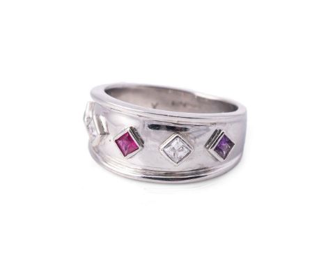 9ct white gold ring, set stones in lozenge form, amethyst, CZs and others, 7.1g, size O/P.