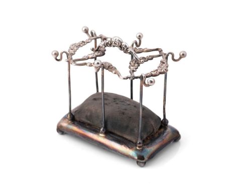 Silver novelty hatpin stand, form of a stick stand, Birmingham 1904, S B &amp; S, velvet cushion, raised on four ball feet, 8
