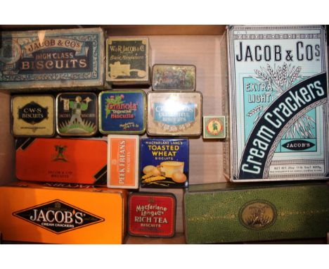 A mixed collection of advertising tins to include 'W &amp; R. Jacob &amp; Co Biscuits', 'Jacob &amp; Cos Cream Crackers', 'C.