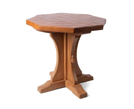 Robert 'Mouseman' Thompson oak octagonal top side table / coffee table, 48.5cm diameter, dimpled surface, mouse to pedestal, 